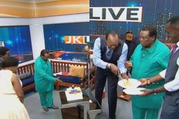 Collage photo of Francis atwoli suprising Jeff Koinange with a cake on his birthday.
